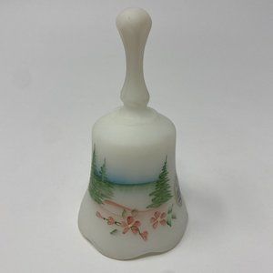 COPY - Fenton Satin Custard Glass Bell, Hain Painted with Trees/Flowers & Lake …